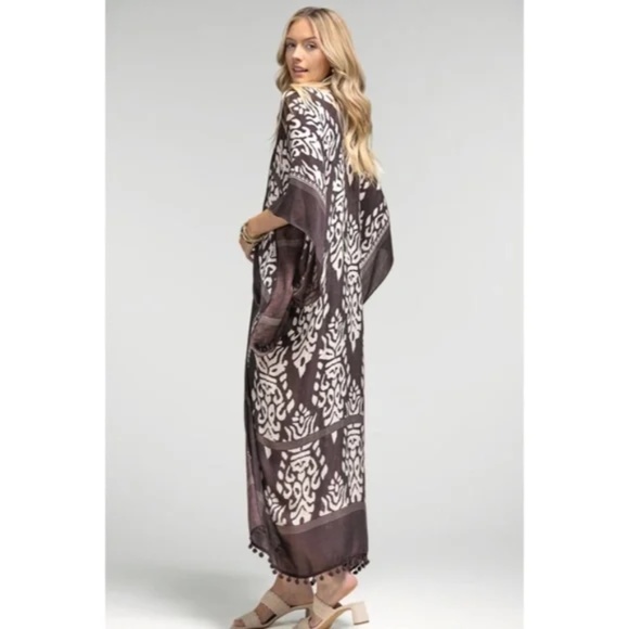 SOLD OUT Charcoal Damask Print Pompom Trim Bohemian Kimono Wrap Coverup Open Top - Picture 4 of 4